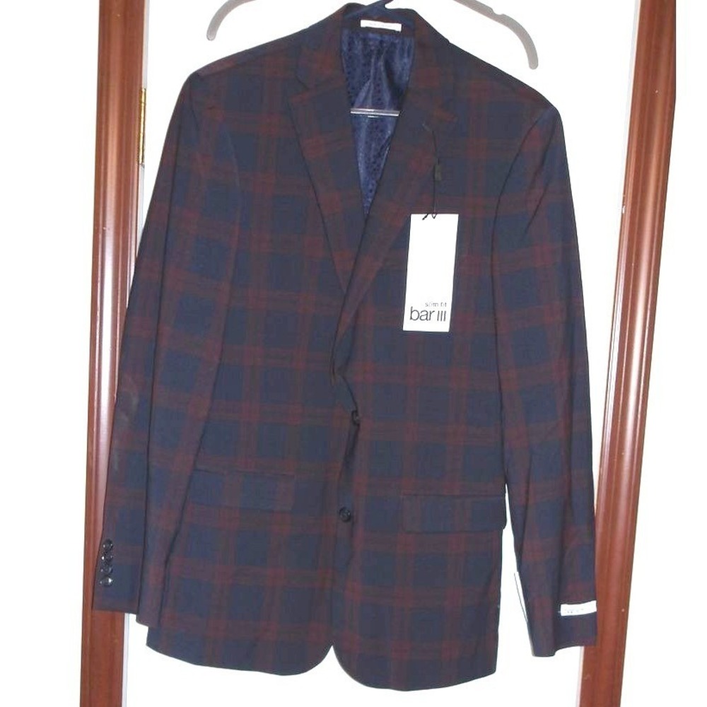 Bar III Men's‎ Slim Fit Plaid Blazer Burgundy Navy Wool Blend 36R